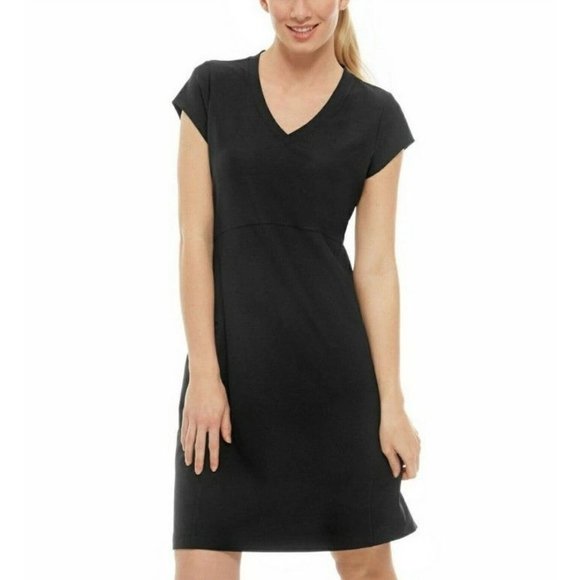 L.L. Bean Dresses & Skirts - LL Bean Fitness Dress XL Black V Neck Short Sleeves Stretch Fitted Zipper Pocket
